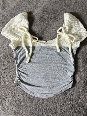 Cider Cream Knit Tie-Sleeve Grey Jersey Crop Top